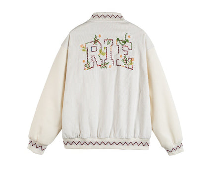 Embroidery Zipper Closure Stand-up Collar Loose Fit  Baseball Jacket