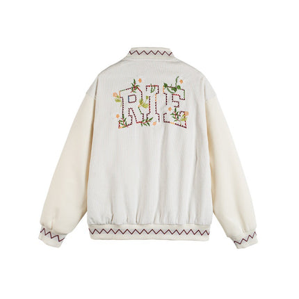 Embroidery Zipper Closure Stand-up Collar  Loose Fit  Baseball Jacket