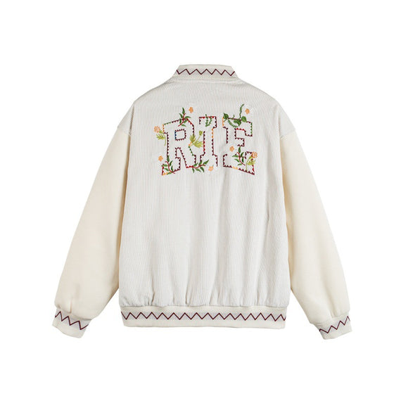 Embroidery Zipper Closure Stand-up Collar  Loose Fit  Baseball Jacket