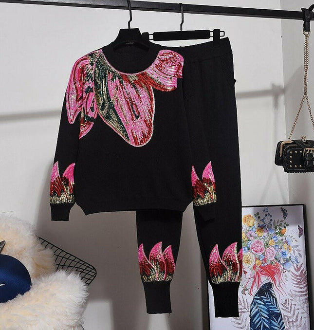 Grozavu Sequins Petals Sweater & Casual Pants Set at €99.00