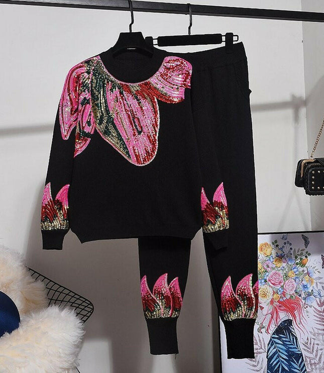 Grozavu Sequins Petals Sweater & Casual Pants Set