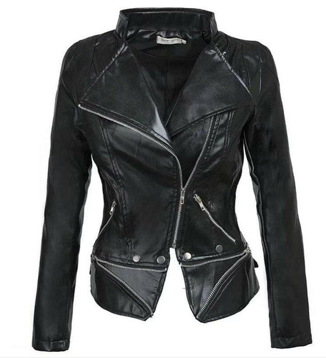 Gothic Glamour: Plus Size Women's Black Faux Leather Jacket - Winter Essential!