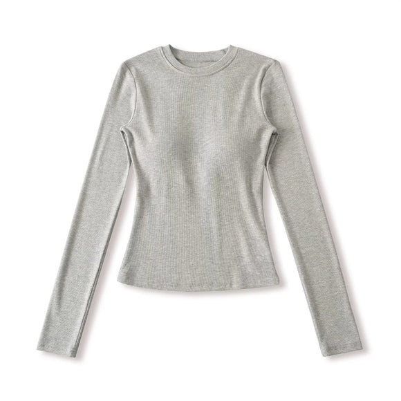 Camiseta básica elástica ajustada de manga larga con cuello redondo vintage, acolchada, de hombros regulares, top sólido de color simple