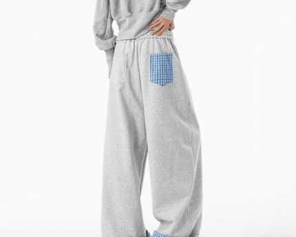 Plaid Color-Blocked Hoodie Pants for Men and Women Autumn Loose Casual Wide-Leg Pants Relaxed Fit Comfortable Sweatpants