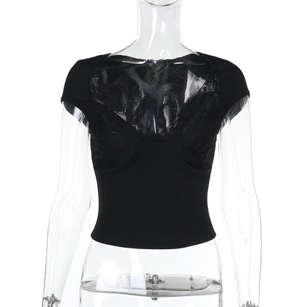 Lace patchwork chest cup short sleeved spicy girl vest