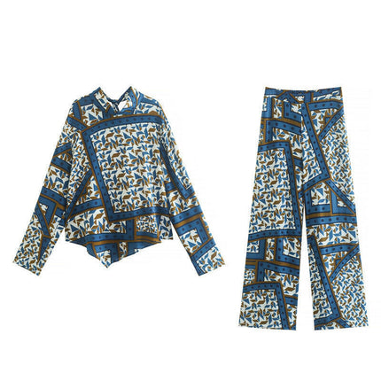 Fall New Women's Scarf Print Shirt Straight Leg Pants Set at €49.99