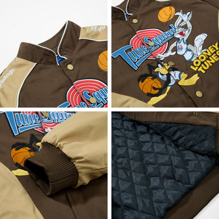 Retro Cartoon Embroidered Color-Blocked Thick Baseball Jacket for Men and Women, Casual Cotton Coat Winter