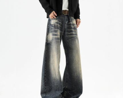 Streetwear Lightning Pattern Denim Pants Men High Street Washed Distressed Wide Leg Pants Vintage Cool Retro Knife-Edged Casual Trousers