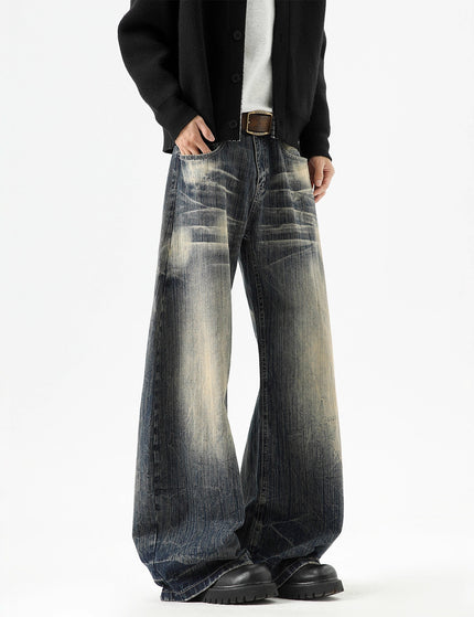 Streetwear Lightning Pattern Denim Pants Men High Street Washed Distressed Wide Leg Pants Vintage Cool Retro Knife-Edged Casual Trousers