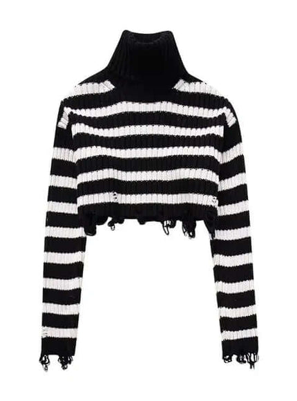 Model wearing STRIPED woman turtleneck knitted sweater sweaters by Grozavu