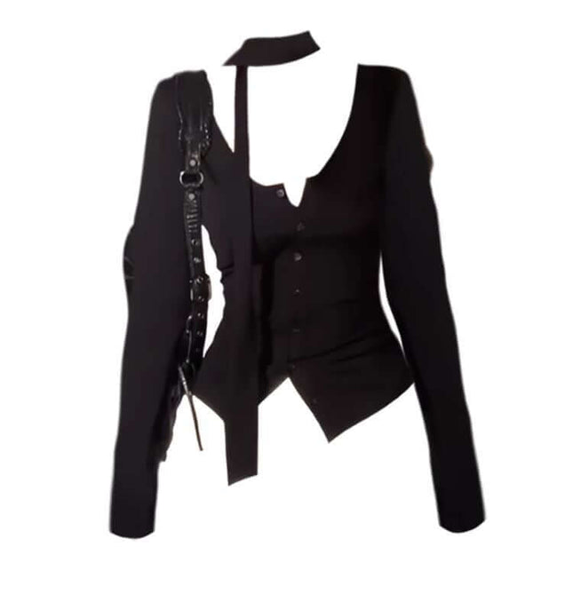 Blusa de botón de manga larga ajustada con escote en V