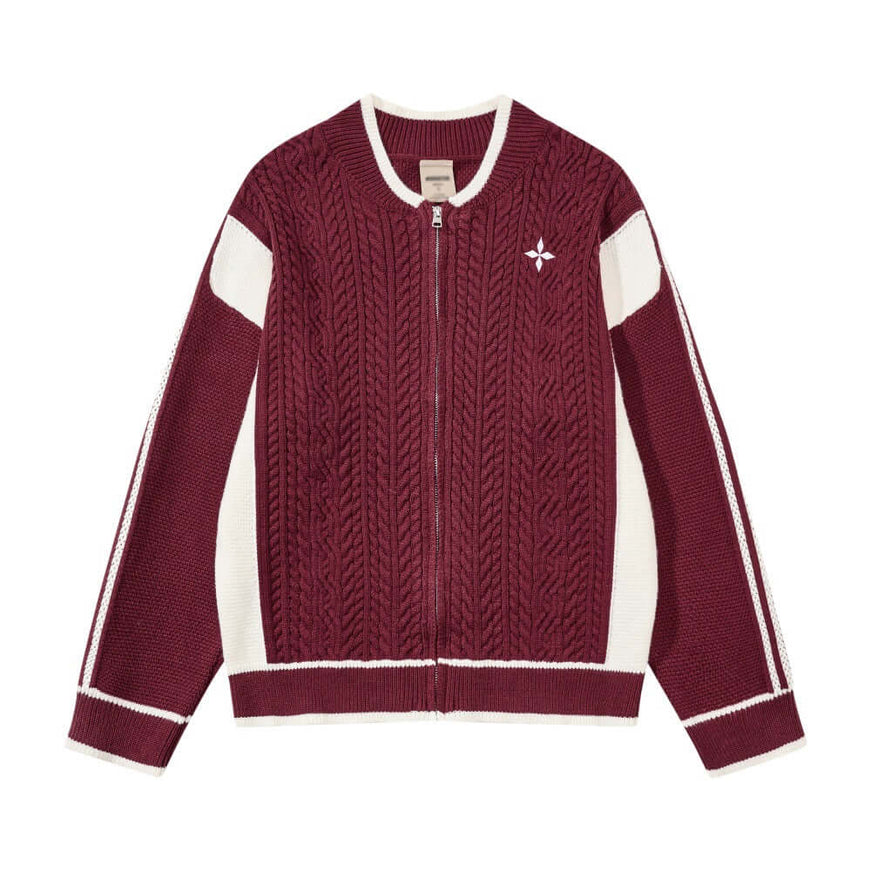 Front view of Color Blocked Patchwork Baseball Sweater - Grozavu brand streetwear