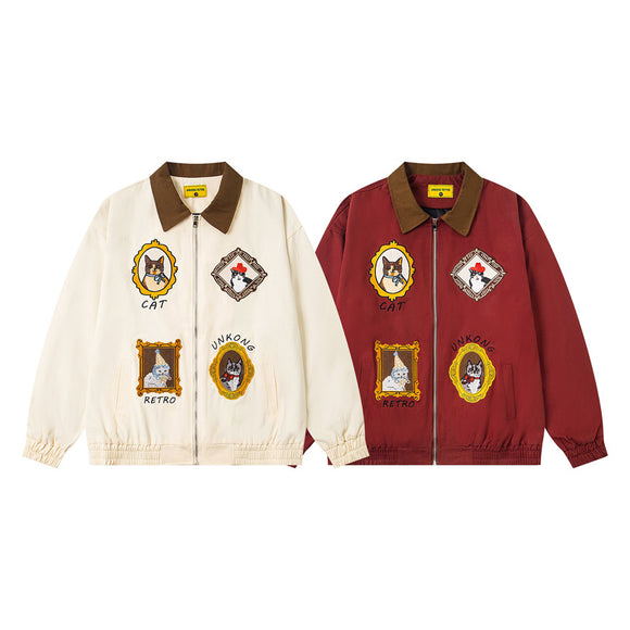 Chinoiserie Vintage Cat Embroidery Patchwork Jacket for Men and Women