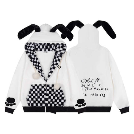 Checkered Fleece Hoodie with Rabbit Ears