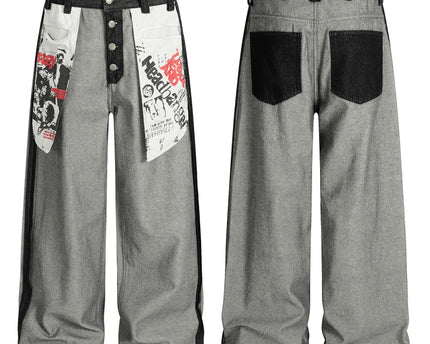 Street Style Printed Deconstructed Asymmetrical Design Loose Fit Unisex Jeans
