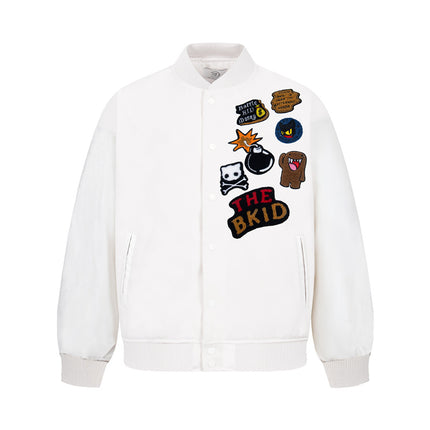 Retro National Trend Cartoon Embroidery Baseball Jacket, Unisex Streetwear, Casual Solid Color College Style Coat