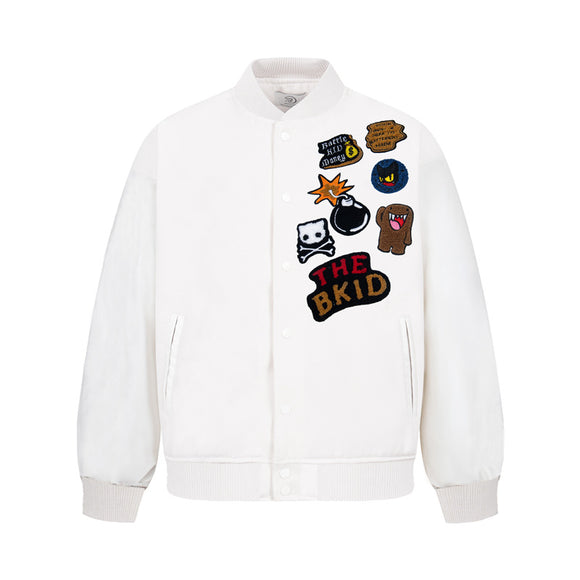 Retro National Trend Cartoon Embroidery Baseball Jacket, Unisex Streetwear, Casual Solid Color College Style Coat