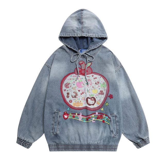 Gewaschene Patchwork Denim Kapuzenpullover – Lockere Passform mit Reißverschluss