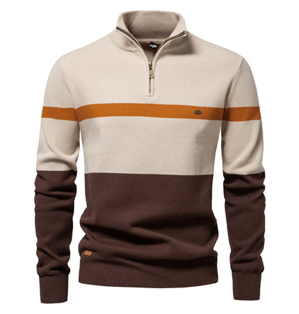 Stand Collar Half-Zip Knit Sweater in beige and brown with color-blocked design and half-zip closure.