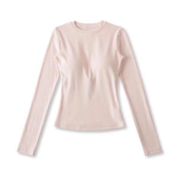 Camiseta básica elástica ajustada de manga larga con cuello redondo vintage, acolchada, de hombros regulares, top sólido de color simple