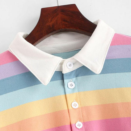 Grozavu's Rainbow Color Long Sleeve Sweatshirt: Korean Style with Button Stripes at €30.99