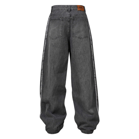 Washed Distressed Patchwork Whisker Jeans Unisex Loose Wide Leg Straight Floor-Length Pants