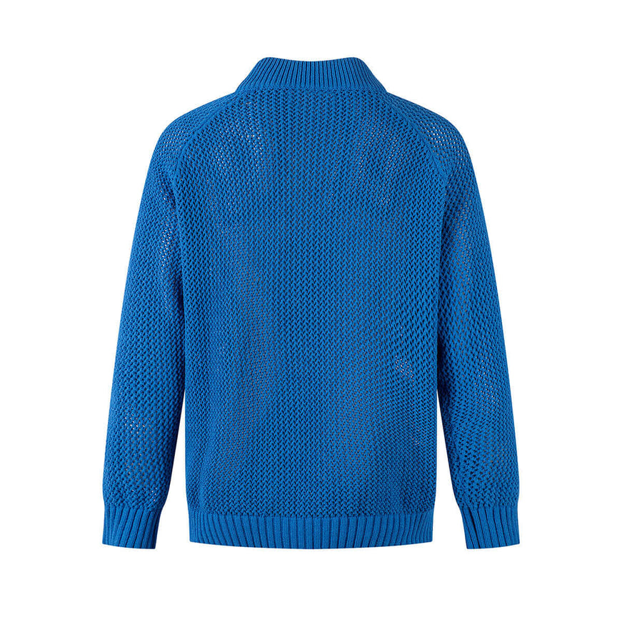 Blue sweater jacket hollowed out with Grozavu logo