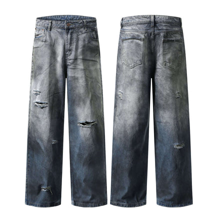 Washed Distressed Denim Pants featuring a straight leg cut and a vintage distressed look for casual style.