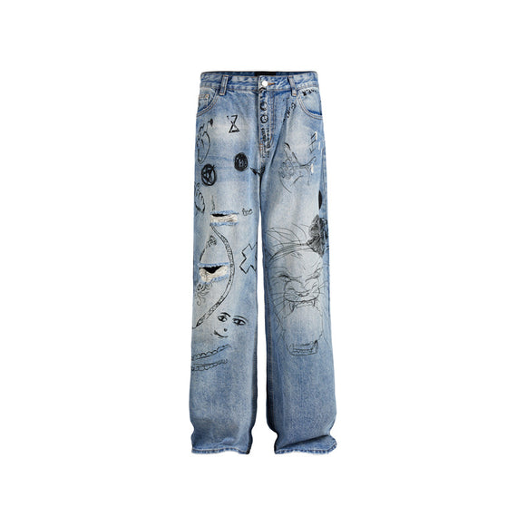 Graffiti Fun Niche Print Washed Distressed Denim Trousers