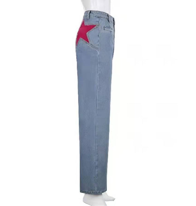 Organic cotton relaxed vintage-inspired bootcut denim trousers in light blue with a high waist and a red star design on the back pocket