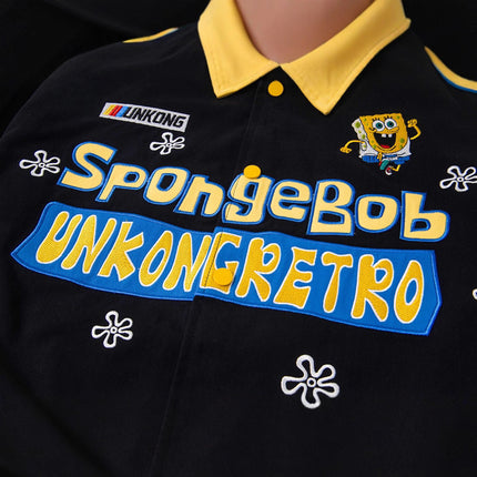 Casual Color Block Patchwork Baseball Jacket with Cartoon Embroidery, Loose Fit Moto Style for Men and Women