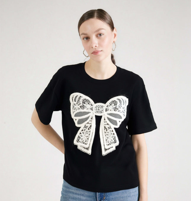 Knitted Bow Detail Tee styling detail - Premium Streetwear