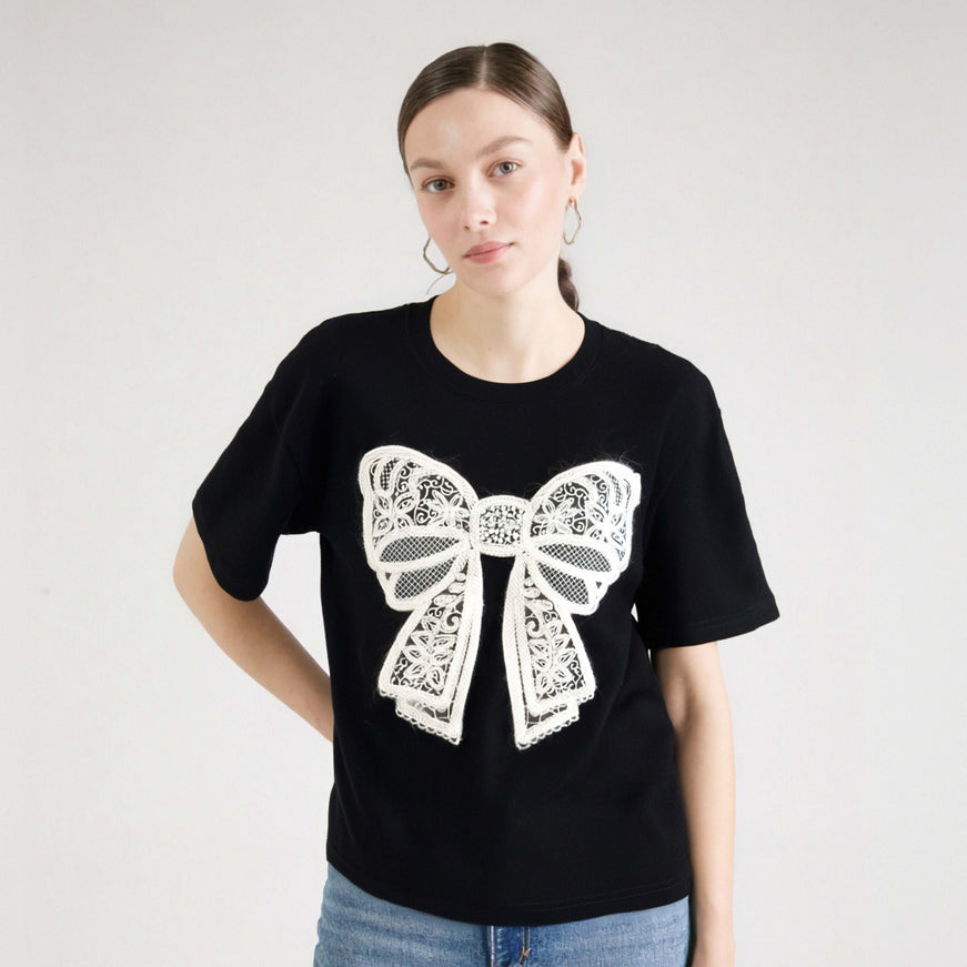 black knitted bow detail tee with Grozavu logo