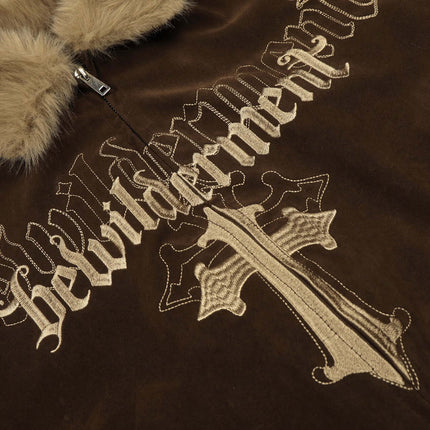 Warm Cotton Jacket with Fur Collar – Loose Fit featuring fur collar and embroidered design