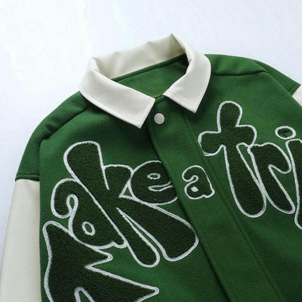 Grozavu's Baseball Jackets: Green PU Leather with Contrast Sleeves at €72.99