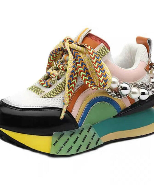 Grozavu's Genuine Leather Rainbow Sneakers: Lace-Up with Platform and Pearls Chain