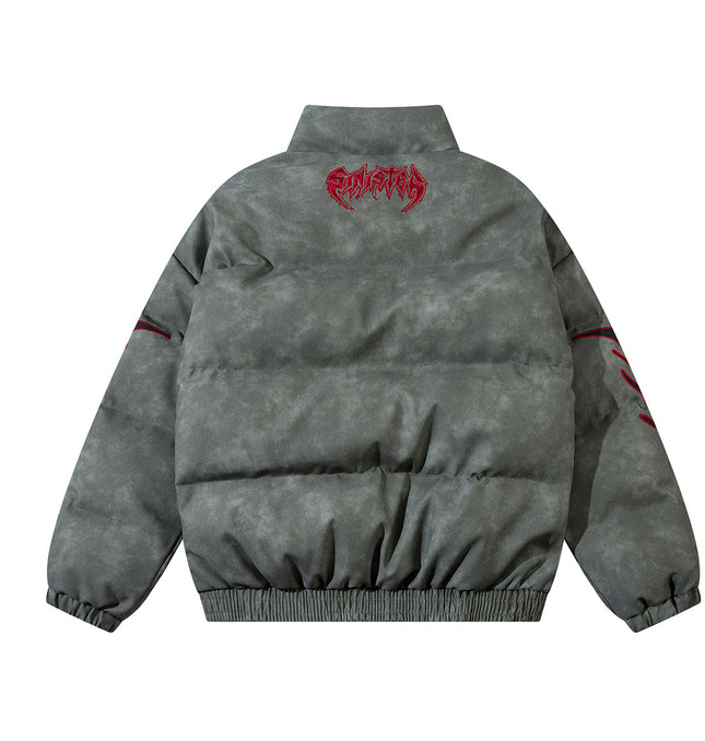 Jachetă brodată cu flacără, aspect de piele