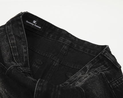 Style Washed Black Vintage Cat-Whisker Pattern Design Loose Knife Cut Jeans