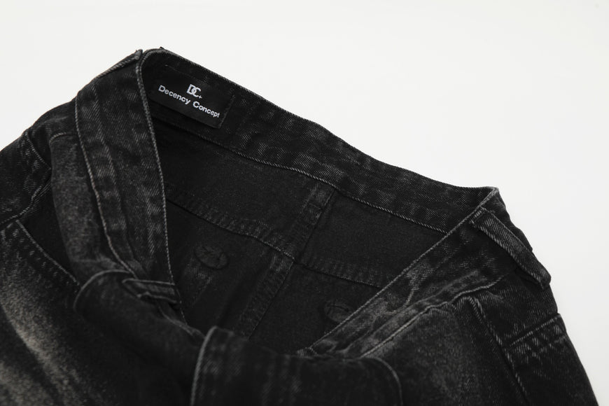 Style Washed Black Vintage Cat-Whisker Pattern Design Loose Knife Cut Jeans