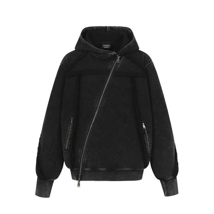 Model wearing Black urban hooded sweatshirt jacket deconstructed by Grozavu