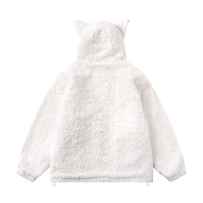 White fur collar cat ear jacket with Grozavu logo