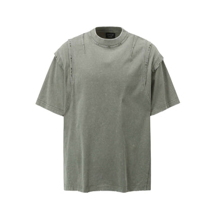 Washed Spliced Distressed T-Shirt – Loose Fit in a washed-out green color, offering a relaxed and premium casual style.