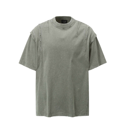 Washed Spliced Distressed TShirt – Loose Fit in olive green with unique splicing details.