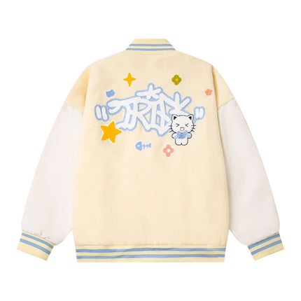 Embroidery Cute Cat Baseball Jacket Women Loose Korean Chic Jacket