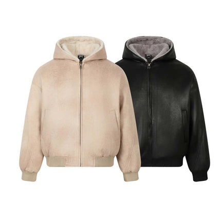 Fur Collar Hooded Winter Jacket – Loose Fit in beige and black, showcasing cozy design and stylish winter warmth.
