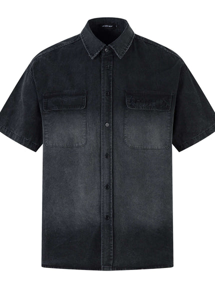 Model wearing Black washed collar short sleeve top by Grozavu