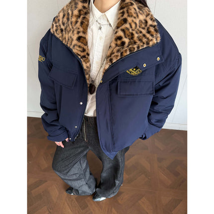 Leopard Style Fur Collar Jacket – Loose Fit featuring plush fur trim and fleece lining for winter comfort.
