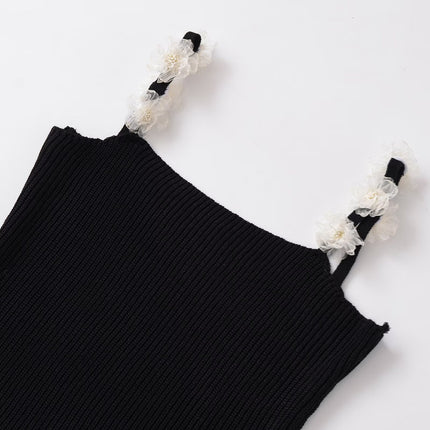 Heißes Mädchen Blumen Stricktop – Ärmelloses Rundhals-Strickkleid