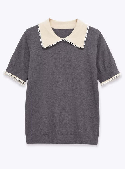 Close-up of Gray lace patchwork polo knit sweater fabric