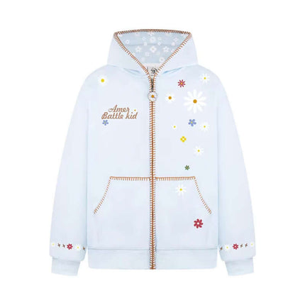 Close-up fabric and fit of Floral Embroidery Hooded Sweatshirt